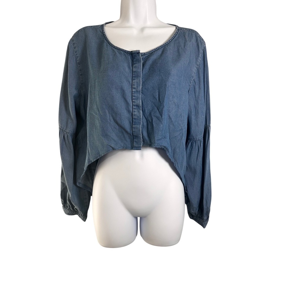 Banana Republic Petite Large Blue Lyocell Cropped‎ Chambray Top Crochet Back L P